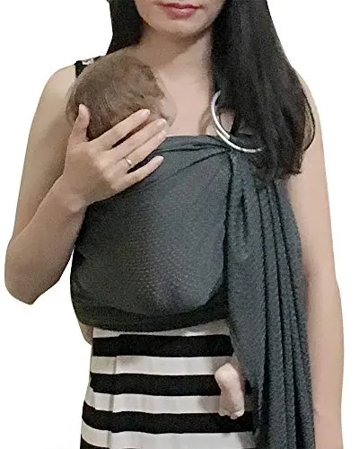 Vlokup grey mesh baby ring sling carrier, showing the aluminum rings and lightweight fabric.