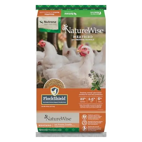 Bag of Nutrena NatureWise Meatbird Feed, a 40lb bag designed specifically for meat chickens.