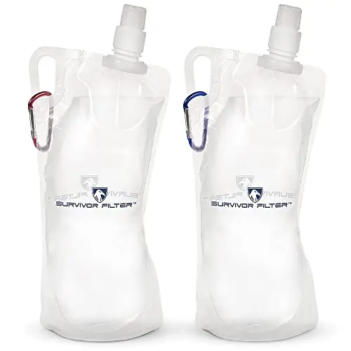 Two black collapsible water bottles with carabiners attached