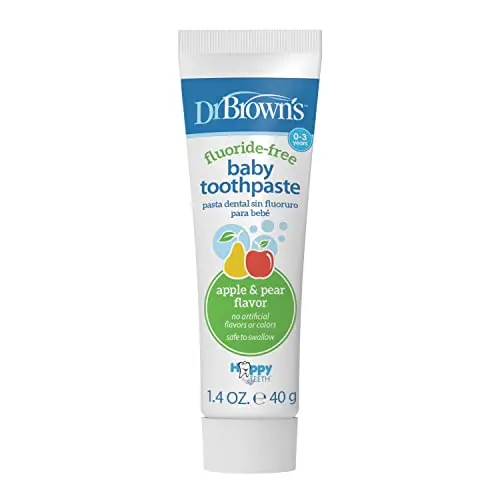 Tube of Dr. Brown's fluoride-free, apple pear flavored baby toothpaste