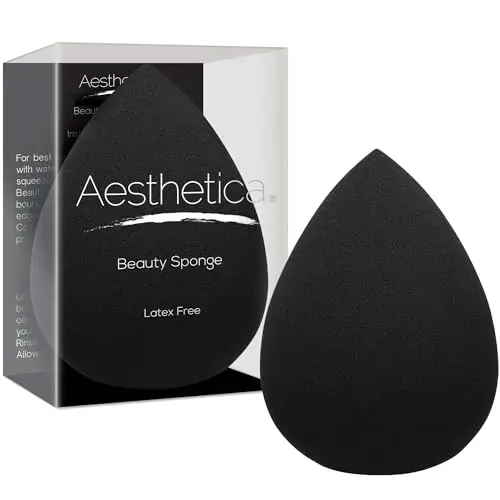 Aesthetica Cosmetics Beauty Sponge Blender in black, showing its teardrop shape for makeup application.