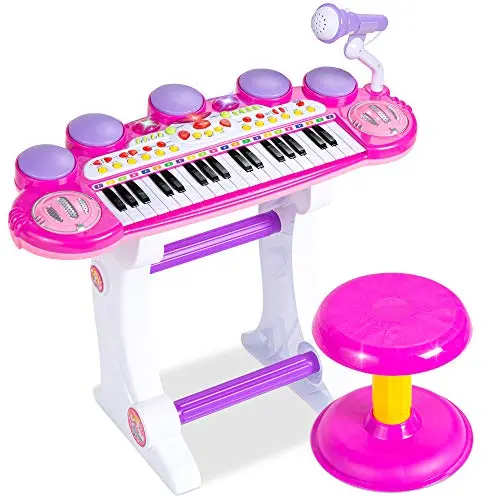 Pink kids electronic keyboard with 37 keys, light-up features, microphone, and included stool