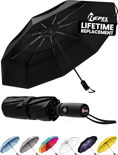 Repel windproof travel umbrella shown closed and open, highlighting its compact size.