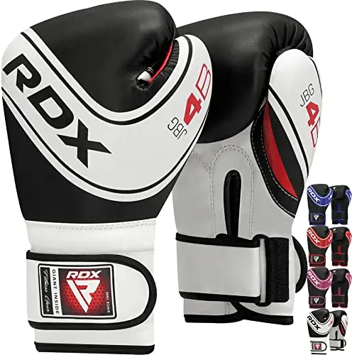 RDX black kids boxing gloves with hook-and-loop strap and attached thumb