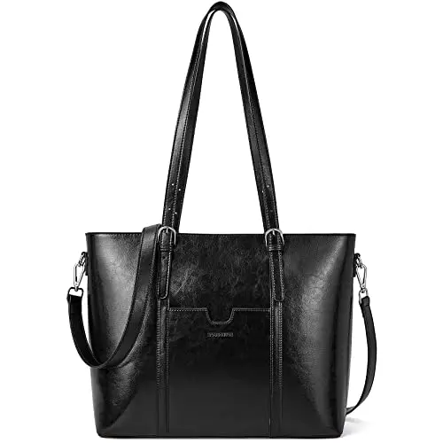 Bostanten leather laptop tote bag in black with multiple compartments
