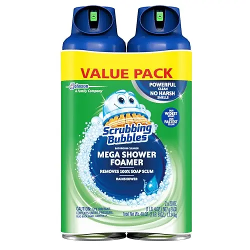 Scrubbing Bubbles aerosol foam expanding on shower tile surface