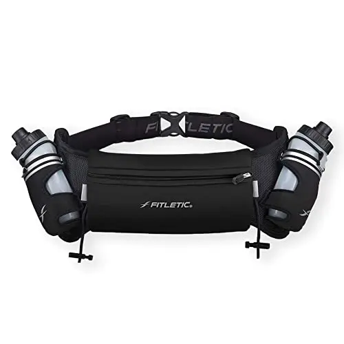 Fitletic Hydra running belt with two 8oz bottles and a central zippered pouch