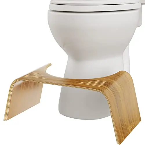 Squatty Potty Slim Teak 7-inch toilet stool in teak wood finish, showing slim profile.