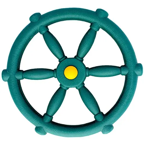 Green plastic pirate ship steering wheel mounted on a wooden playset