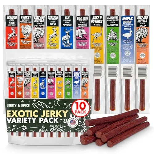 Jerky-n-Spice Wild Game Exotic Meat Sticks 10-pack variety box.