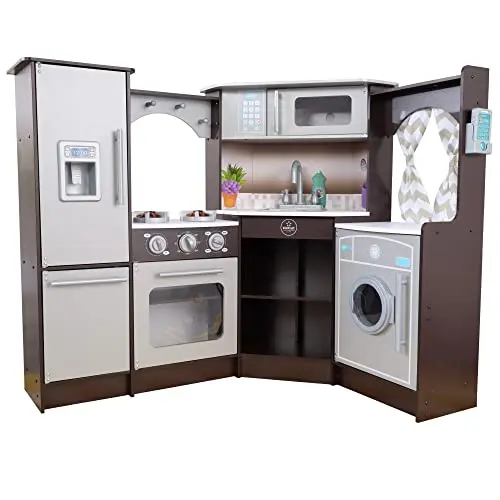 KidKraft Ultimate Corner Wooden Play Kitchen with lights, sounds, and fabric curtains