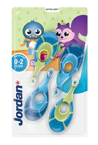 Jordan Step 1 baby toothbrushes in a 4-pack with green and blue colors