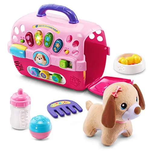VTech pink pet carrier with plush puppy and accessories