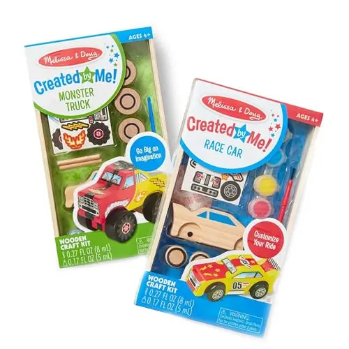 Melissa & Doug wooden race car and monster truck craft kits with paint and stickers