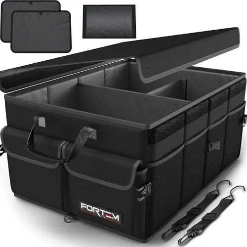 Black FORTEM collapsible trunk organizer with multiple compartments and securing straps