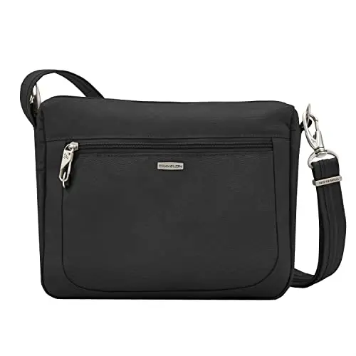 Travelon anti-theft small east-west crossbody bag in black showing front and rear pockets
