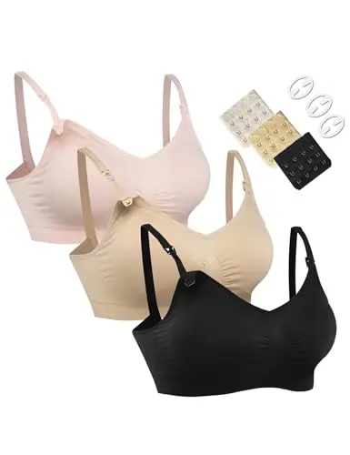 HOFISH three pack of wirefree nursing bras in pink, black, and beige