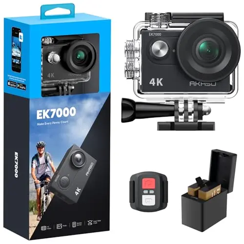 AKASO EK7000 4K action camera mounted on a helmet with waterproof case
