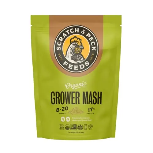 Bag of Scratch and Peck Whole Grain Grower Mash, showing whole grains and a 10lb bag size.
