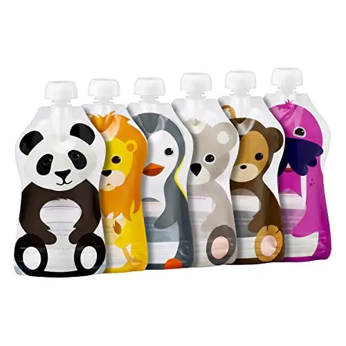 Squooshi reusable baby food pouches in animal print colors
