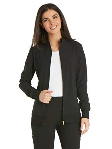 Cherokee iFlex women's zip-front scrub jacket with sporty design and stretch panels.