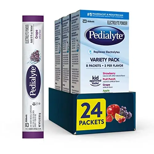 Pedialyte electrolyte powder packets in a variety pack with strawberry, fruit punch, grape, and apple flavors