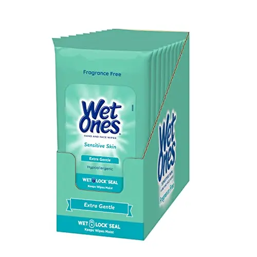 Wet Ones sensitive skin hand and face wipes in travel pack packaging