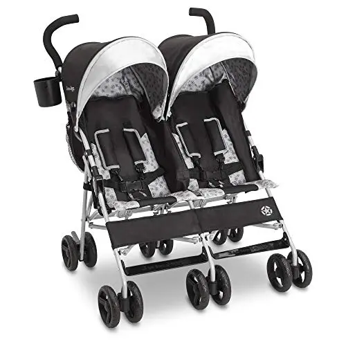 Jeep Scout Double Stroller in Charcoal Galaxy, showing compact fold and storage bags.