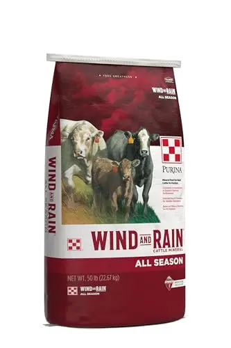 Bag of Purina Wind and Rain Storm cattle mineral in a feed bucket