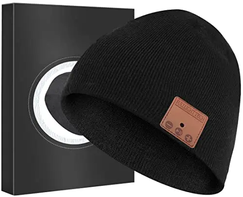 Black Bluetooth beanie hat with built-in headphones and microphone