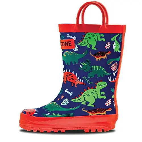Lone Cone kids rain boots in fun dinosaur pattern with pull handles