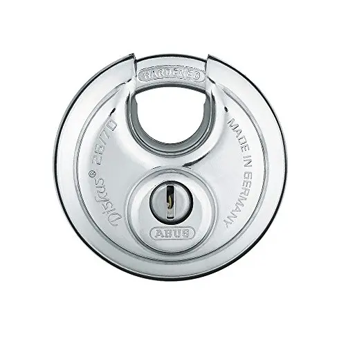 ABUS solid stainless steel diskus padlock with a wide, chunky profile.