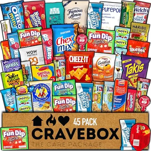 CRAVEBOX Snacks Box Variety Pack with 45 assorted treats.
