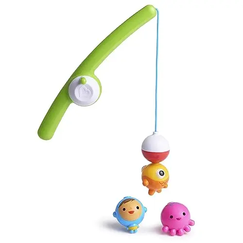 Munchkin Fishin' magnetic bath toy set with a fishing rod and three floating animal characters.