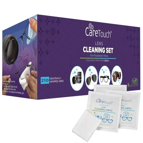 Care Touch individually wrapped pre-moistened lens cleaning wipes in a large pack