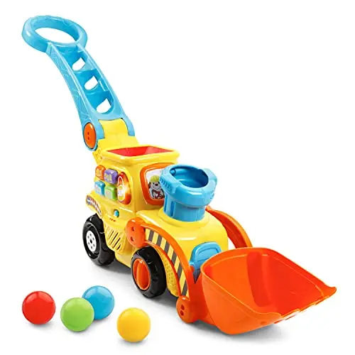 Yellow VTech bulldozer toy that pops balls out of its chimney