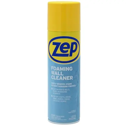 Zep Foaming Wall Cleaner spray can on a clean painted wall