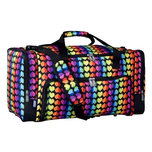 Wildkin Rainbow Hearts Kids Duffel Bag next to a backpack