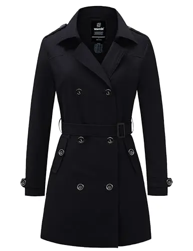 Wantdo women's classic double-breasted trench coat in black with a belt.