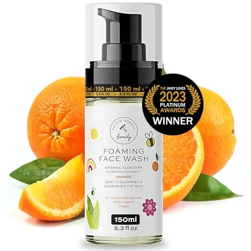 The Natural and Organic Family Kids Foaming Face Wash bottle with orange oil design