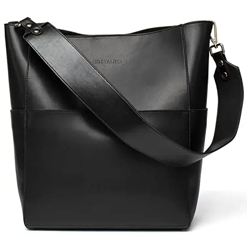 Bostanten women's leather bucket handbag with two shoulder straps in black
