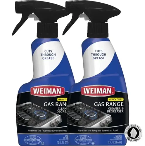 Weiman Gas Range and Stove Top Cleaner spray bottle and towel.