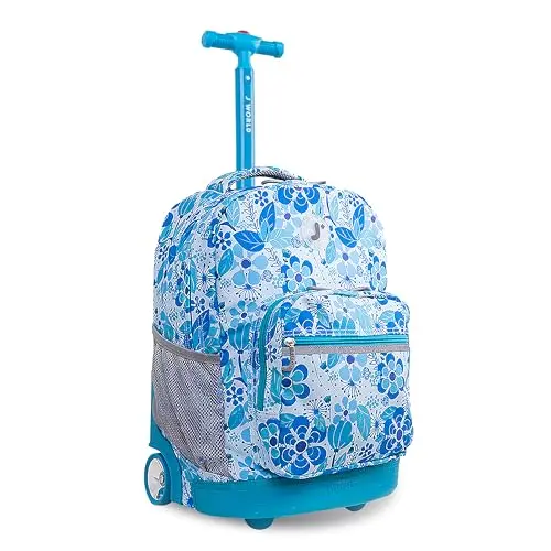 J World Sunrise kids rolling backpack with a molded rubber base