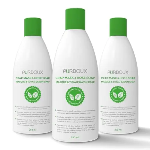 Three bottles of Purdoux CPAP cleaning soap in green tea-mint scent