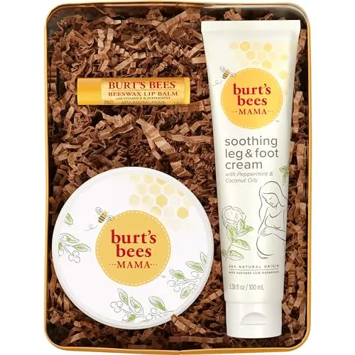 Burt's Bees Pregnancy Essentials gift set in a tin, containing belly butter, leg & foot cream, and lip balm.
