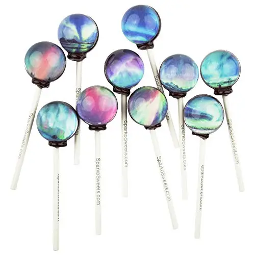 Bulk pack of Sparko Sweets Galaxy Lollipops with aurora designs