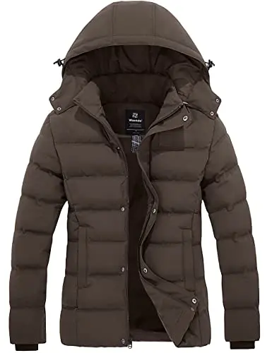 Wantdo women's warm, hooded winter puffer coat in brown, featuring a fuzzy fleece-lined hood and multiple pockets.