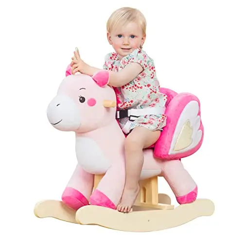 labebe pink unicorn baby rocking horse with silver horn and safety belt