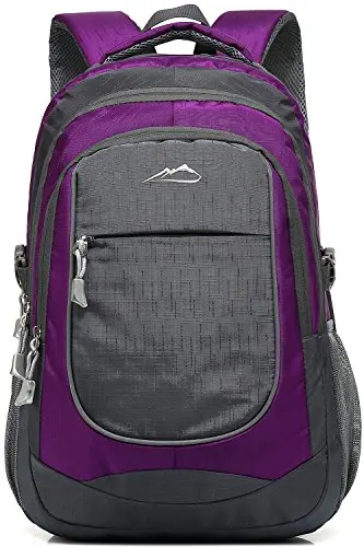 ProEtrade purple backpack with reflective strips, showing multiple compartments and water bottle pockets