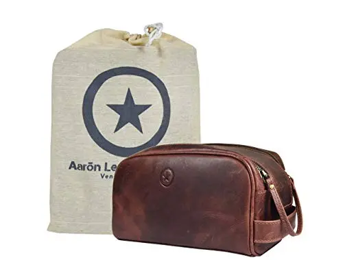 Dark brown genuine buffalo leather toiletry bag with double zipper and strap handle